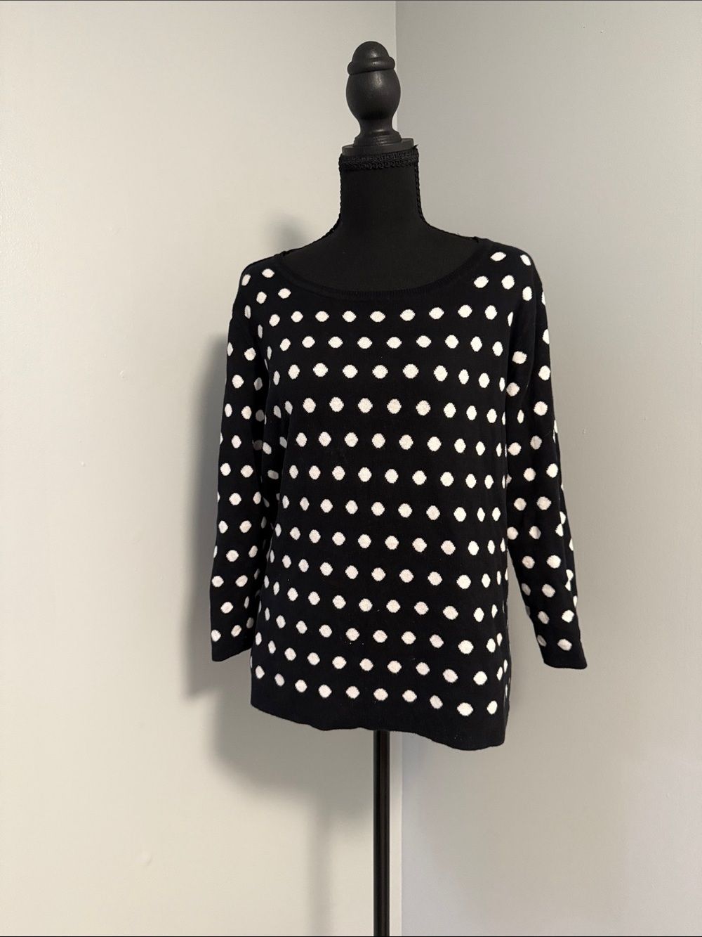 Liz Claiborne Black Sweater with White Polka Dots - Scoop Neck